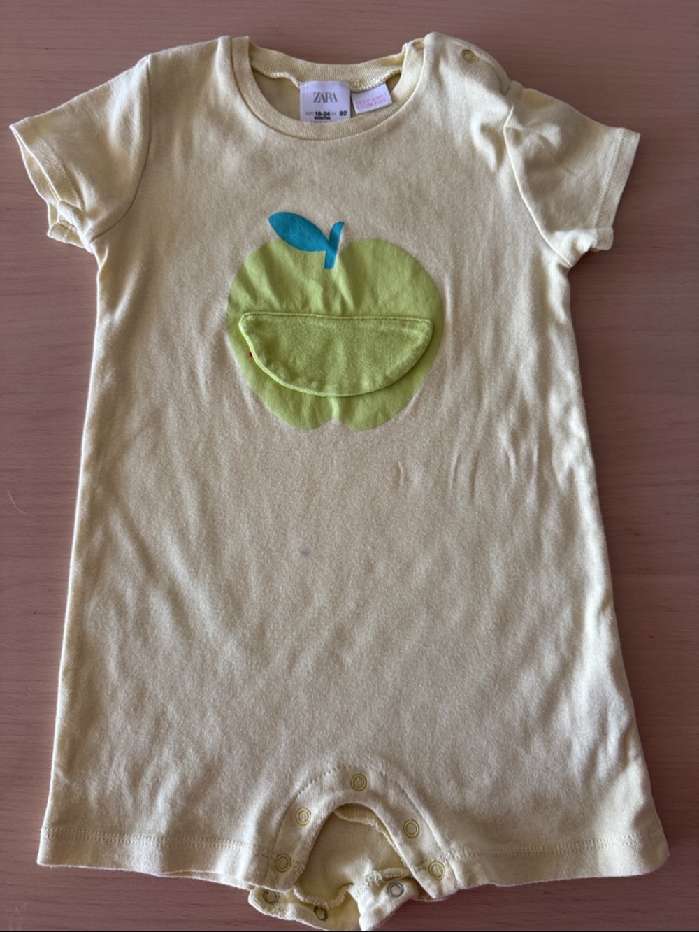 Zara Pale Yellow Apple Appliqué Short Sleeve Romper